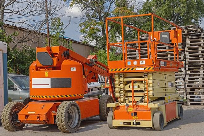 industrial forklift navigating through packed warehouse shelves in Brecksville